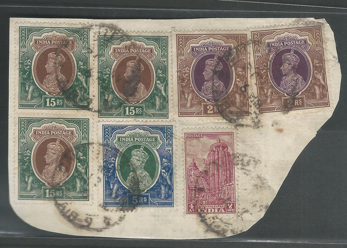 British India - Multiples Stamps used on Paper along with 3 Stamps King George VI 15 Rs with Bhuvanesvara stamps, Very Rare, 1949 - MMM0010