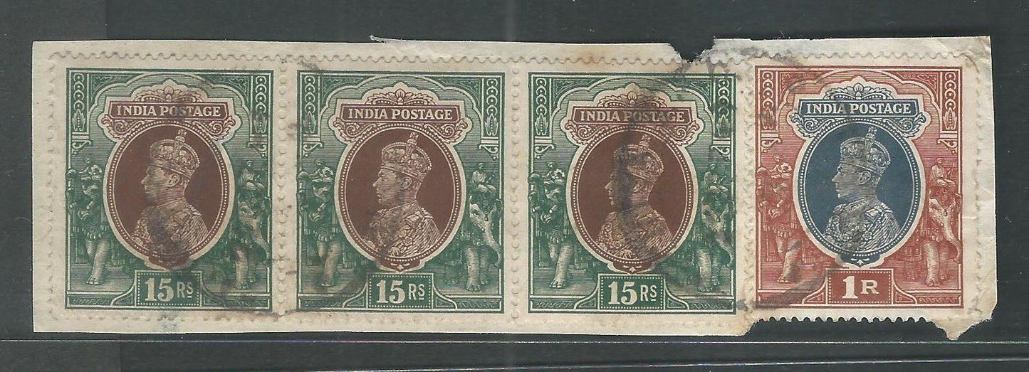 British India King George VI 15 Rs Strip of 3 Postally used on Piece, V Rare to fine , Excellent Condition. - MMM0012