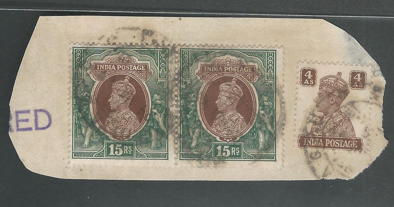 British India King George VI 15 Rs with Pair Postally used on Piece, V Rare - MMM0014