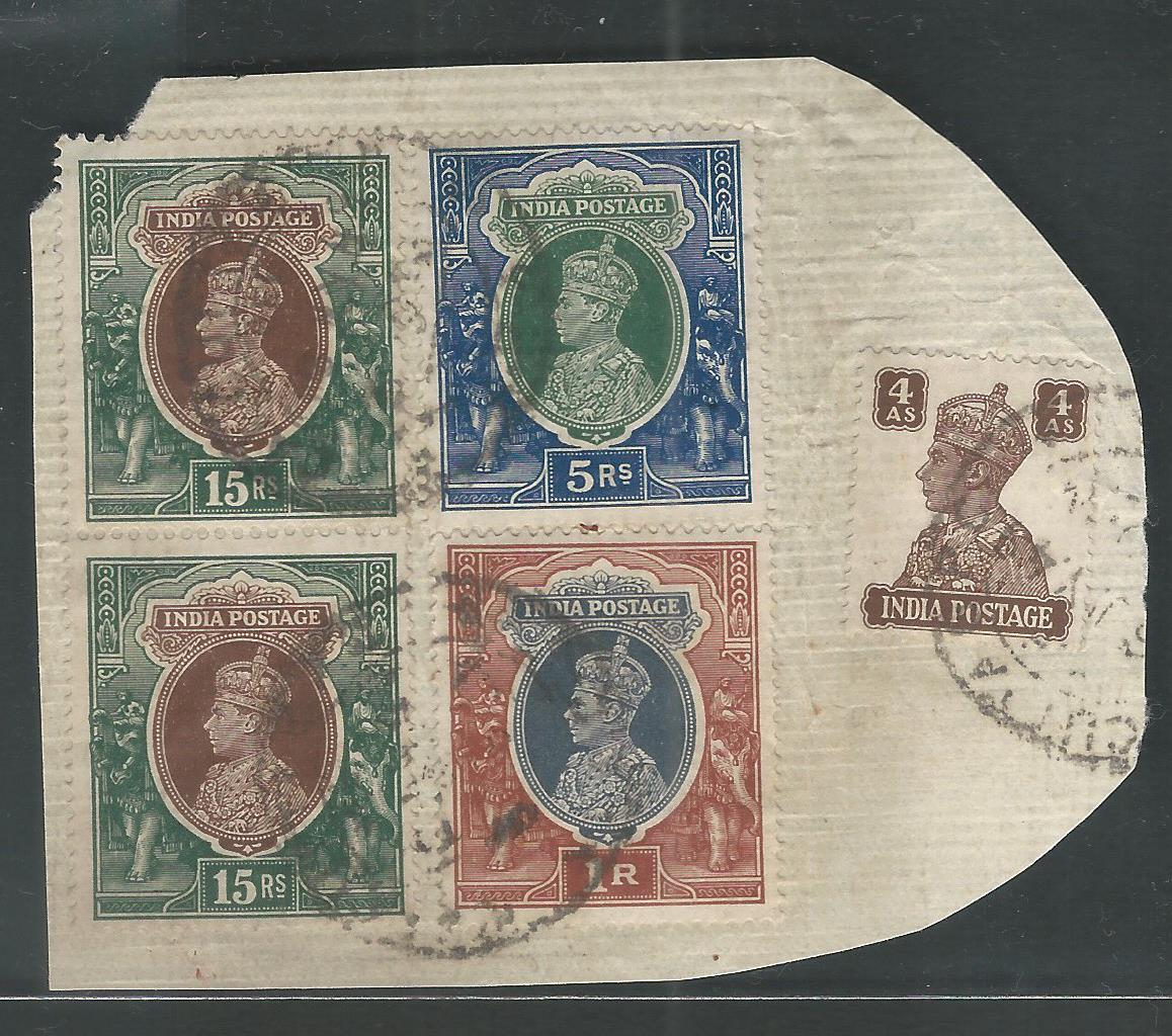 British India King George VI 15 Rs with Vertical Pair Postally used on Piece, V Rare - MMM0016