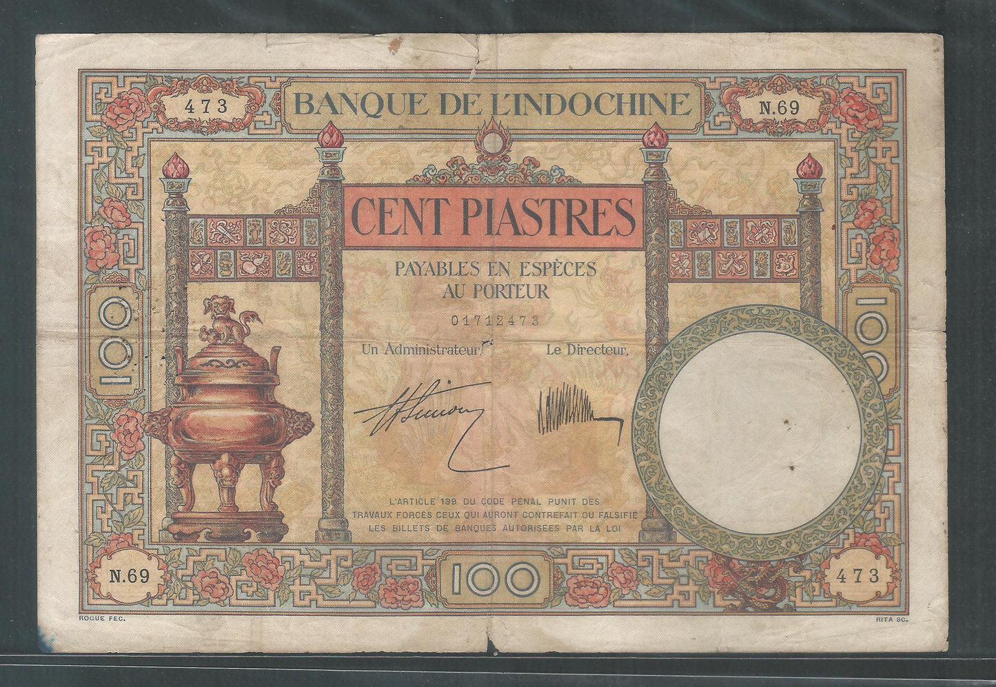 FRENCH INDOCHINA Bank note 100 Piastre , used 1927 – 31 ( BNF 0003 )