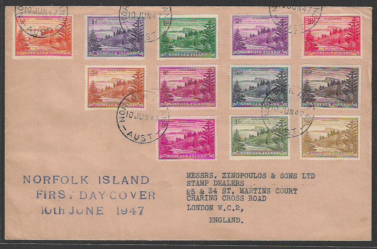 Norfolk Island – First issues Complete of 12 values on FDC Address to England, 1947. Rare - CCC2318