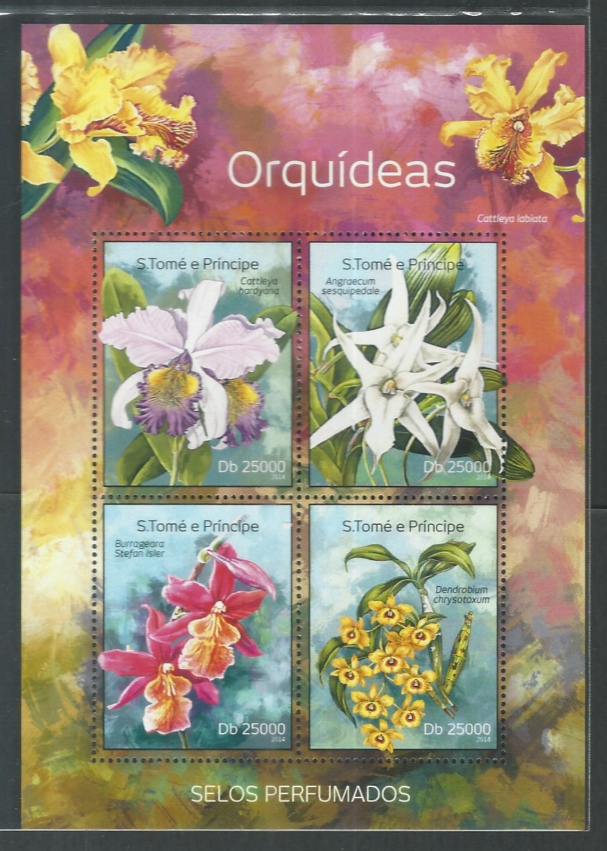 S. Tome e Principe MS Stamps – Orchids – Odd vareity / Unusual – Scented / Perfumed stamps, 2014 – DS9246