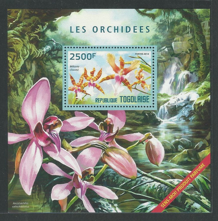 Togolaise MS Stamps – Orchids – Odd vareity / Unusual – Scented / Perfumed stamps, 2014 – DS9248