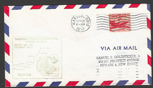 USA Air Mail First Flight Cover - Marion , 1953 - FFF4003