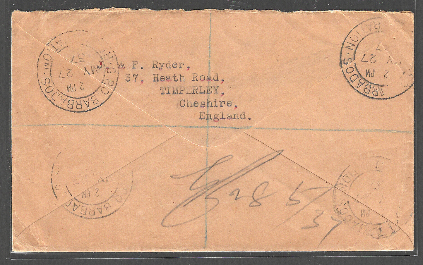 Manchester Registered Used Cover to Barbadoa, 1937 - GGG00432