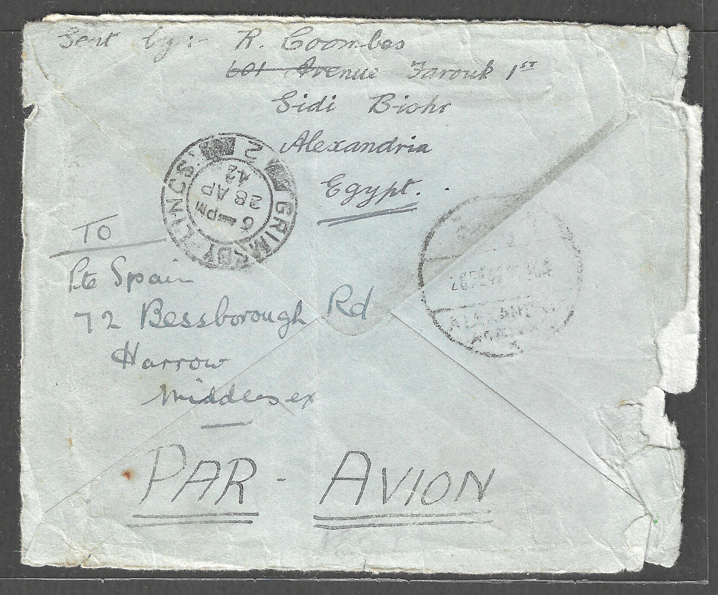 Egypt to England postally used Airmail Cover with Multiple stamps with Censor Chop Damaged , 1942 - GGG00441