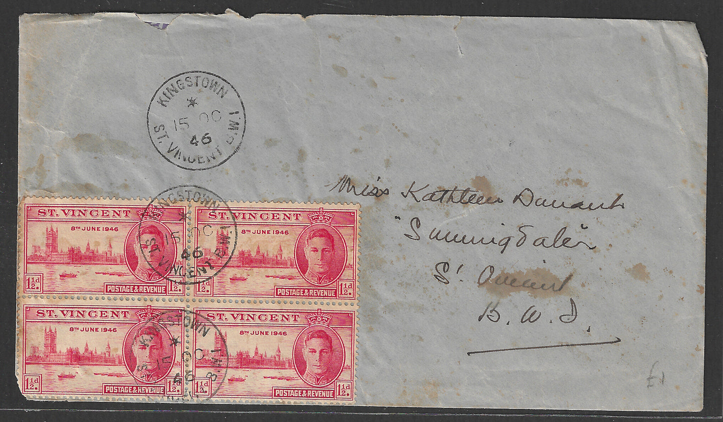 St. Vincent to BWA Postally used Cover with Vitory Multiple stamps on Cover , 1946, Damage- GGG00444