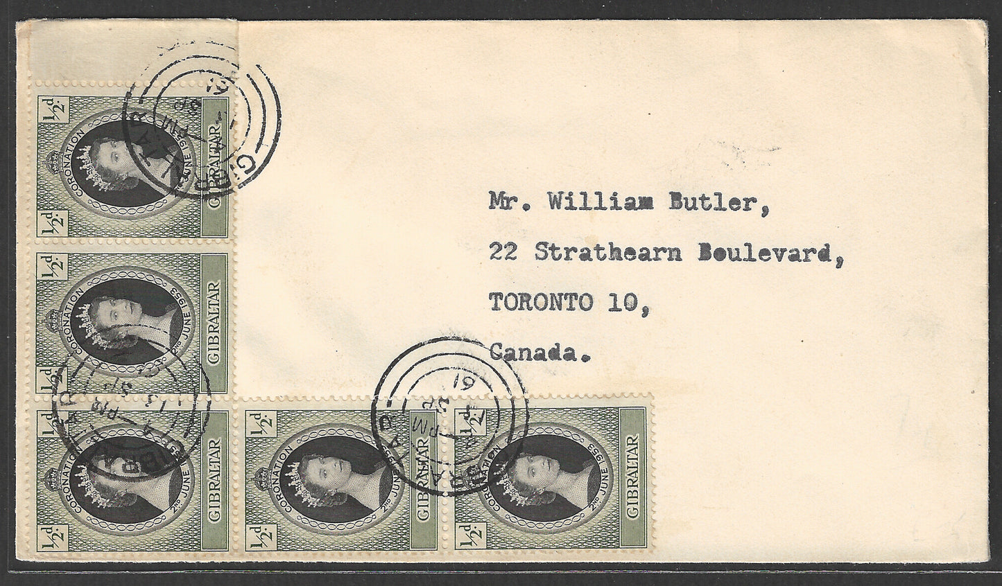 Gibraltar to Canada Postally used Cover with Multiple of Q E II , coronation stamps, 1961 - GGG00500