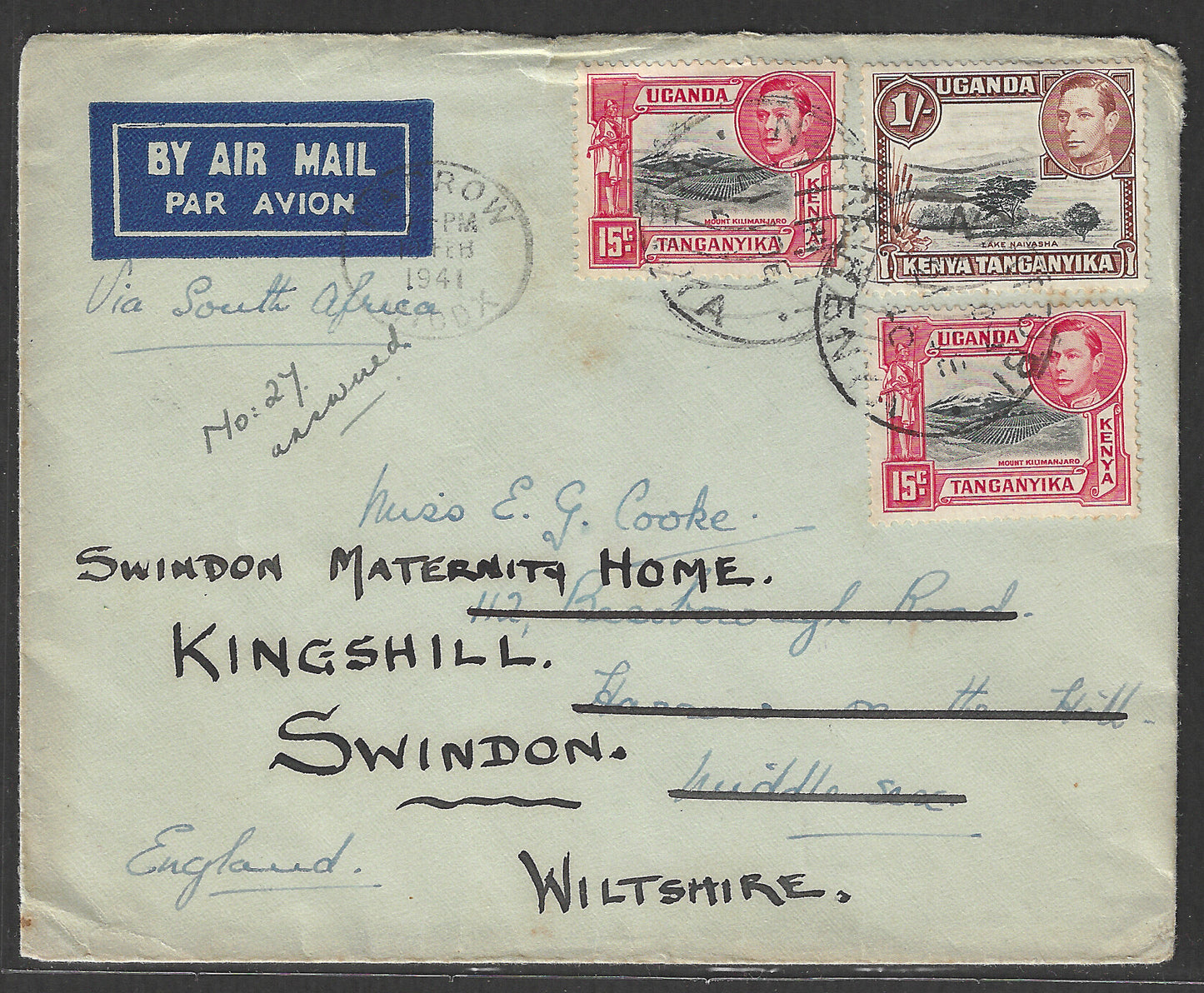South Africa to England Postally used Airmail Cover, with Multiple stamps 1941 - GGG00521