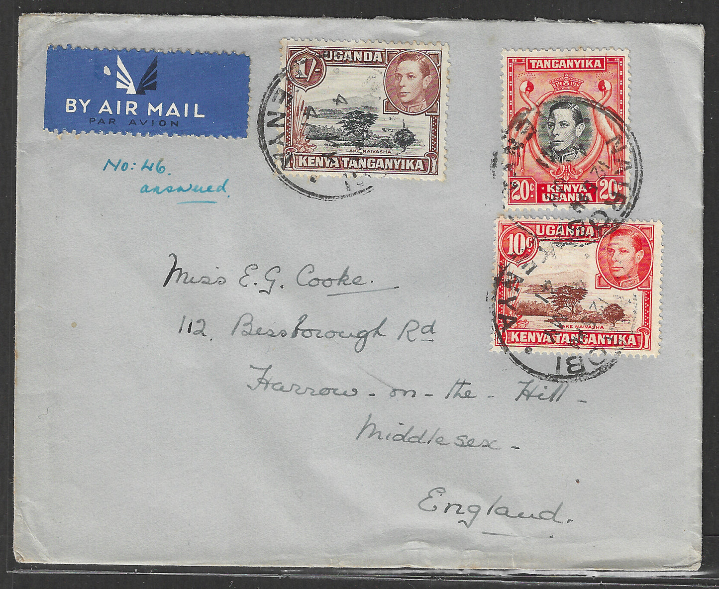 South Africa to England Postally used Airmail Cover, with Multiple stamps 1941 - GGG00523