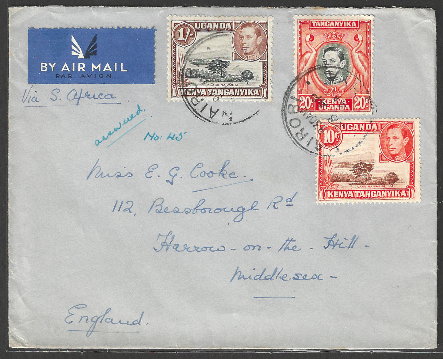 South Africa to England Postally used Airmail Cover, with Multiple stamps 1941 - GGG00524
