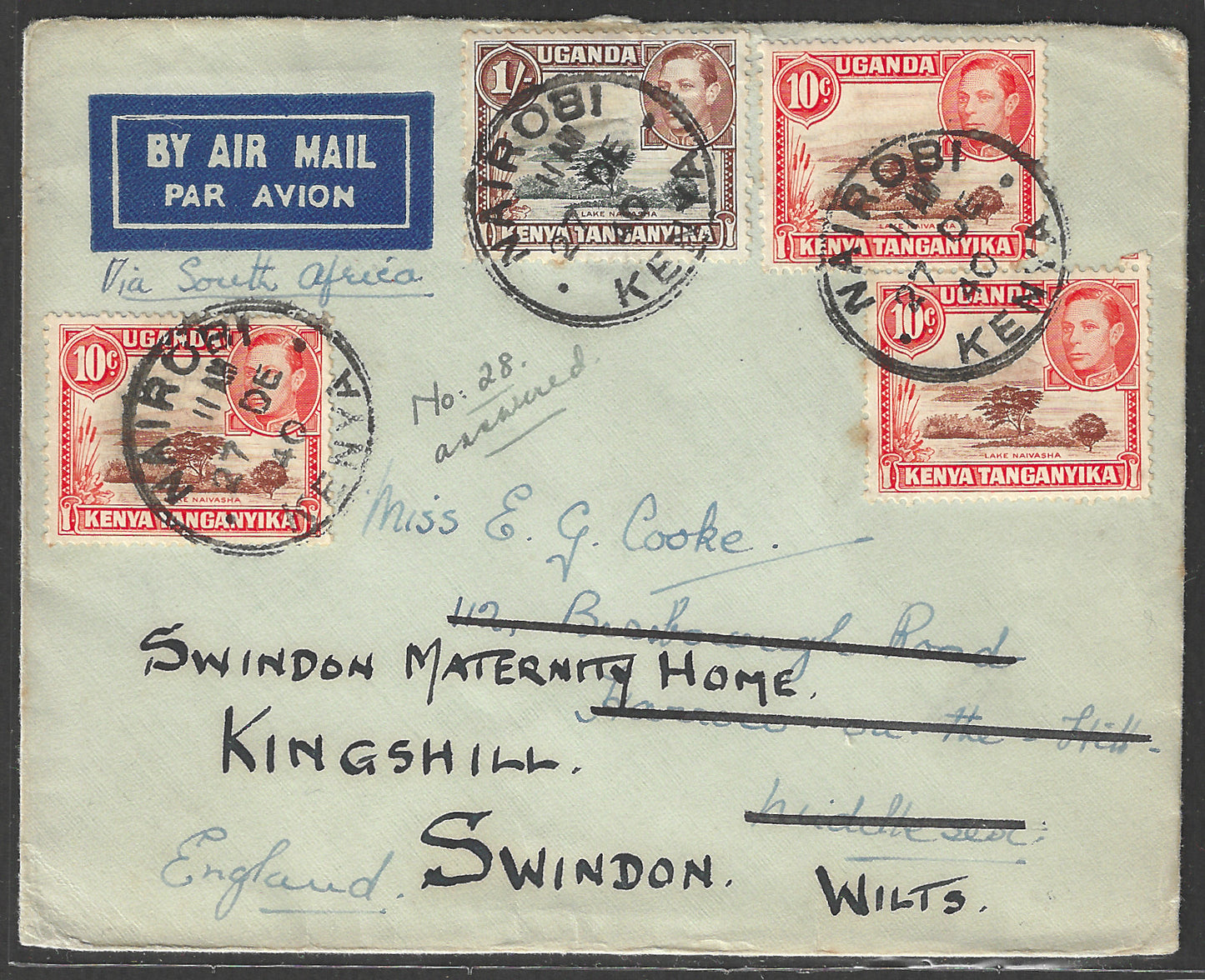 South Africa to England Postally used Airmail Cover, with Multiple stamps 1941 - GGG00530