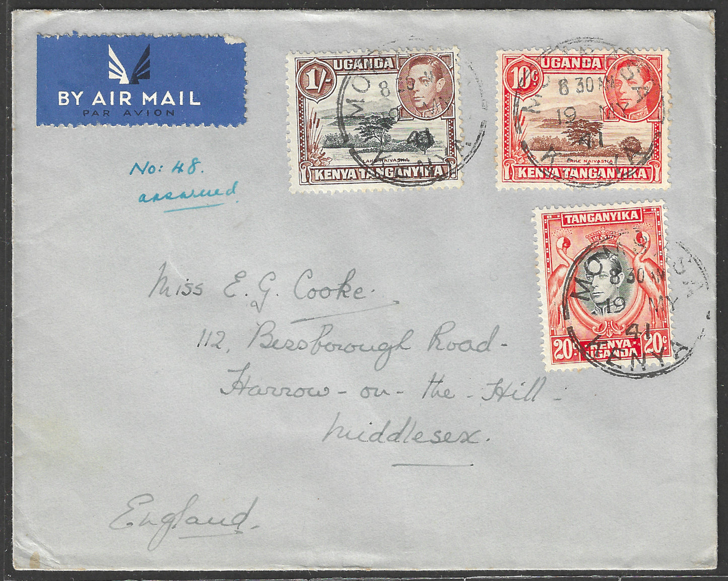 South Africa to England Postally used Airmail Cover, with Multiple stamps 1941 - GGG00533