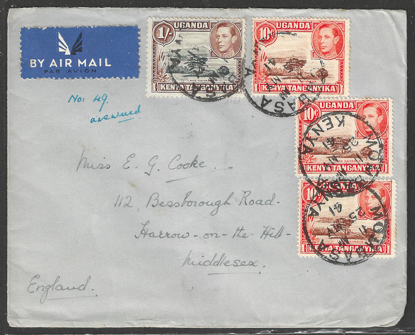 South Africa to England Postally used Airmail Cover, with Multiple stamps 1941 - GGG00534