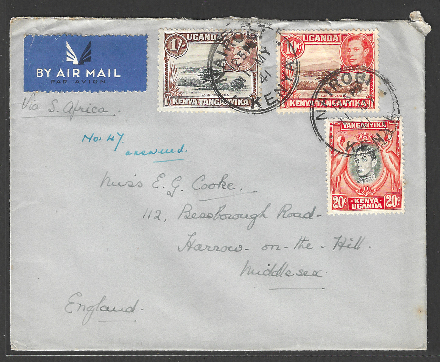 South Africa to England Postally used Airmail Cover, with Multiple stamps 1941 - GGG00536