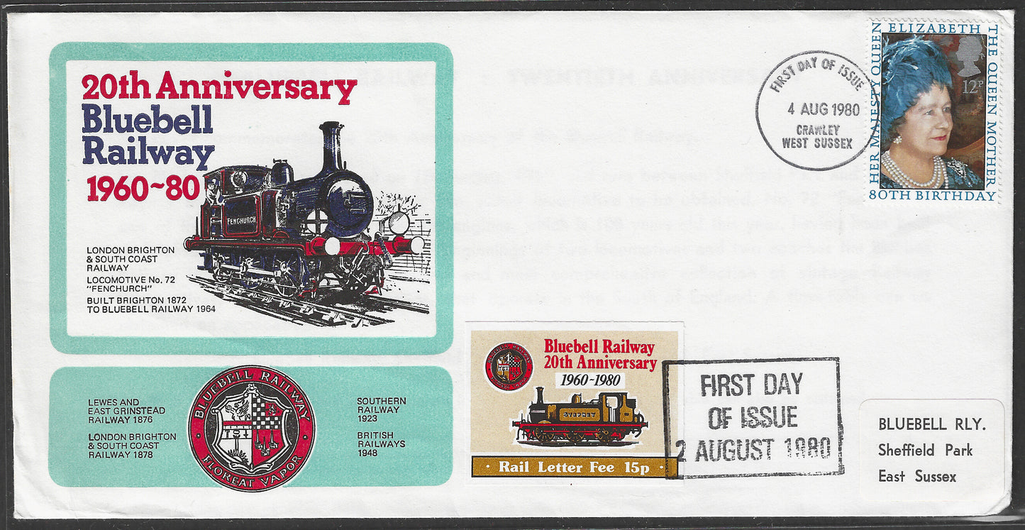 Great Britain - FDC - 20 th anniversary of Bluebell Railway, 1980 with Rail Lettter Fee 15 p Label - GGG00553