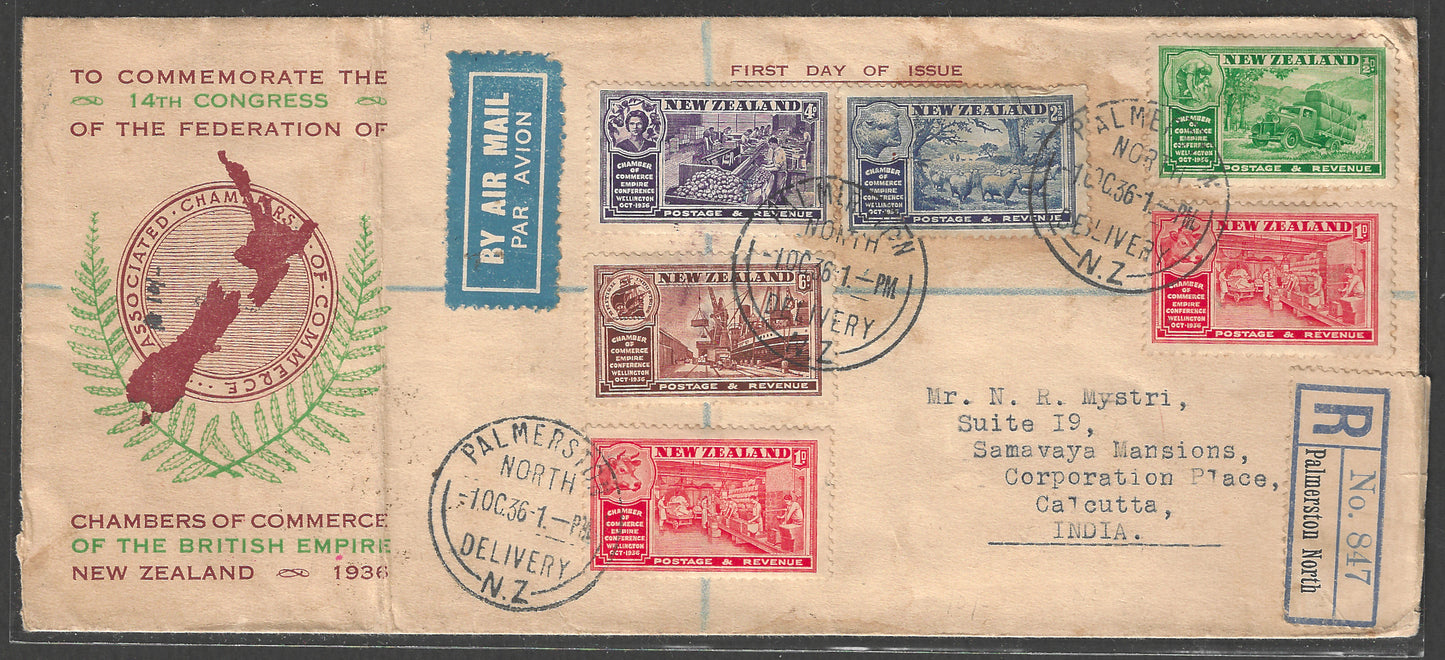 New Zealand FDC Postally used Cover to India with Complete set to Commerate the 14th Congress , 1936 - GGG00557