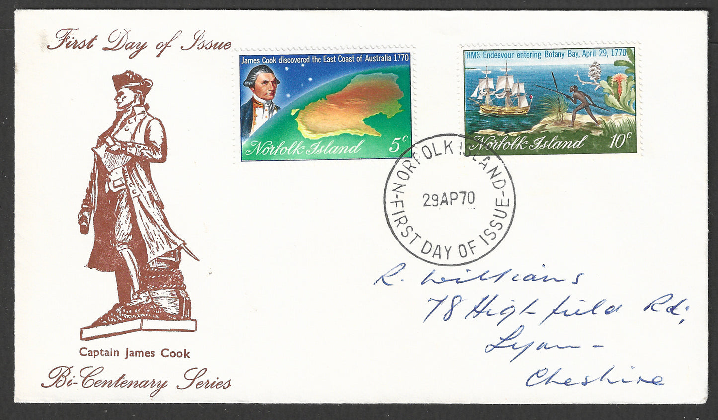 Northfolk Island stamps FDC - Bi-centenary Series, 1970 - GGG00735