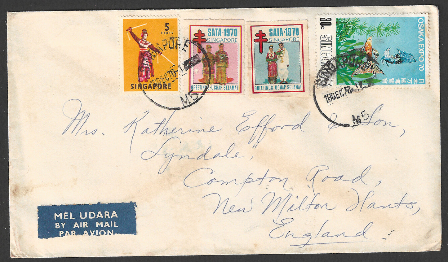 Singapore to England Postally used cover to TB Label , 1970 - GGG00788