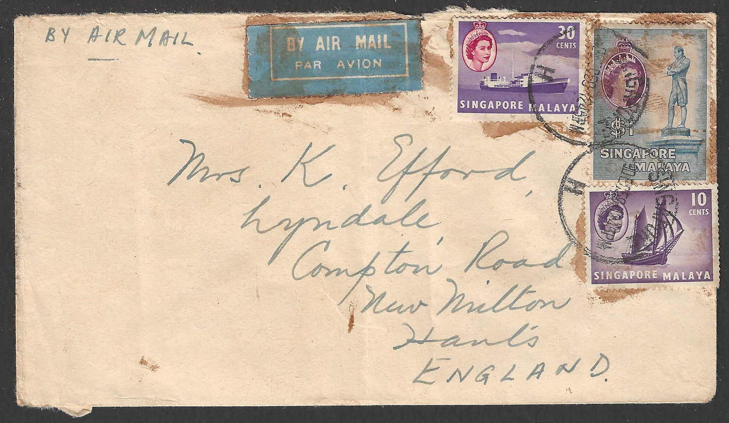 Singapore to england Postally used Cover , 1956 - GGG00793