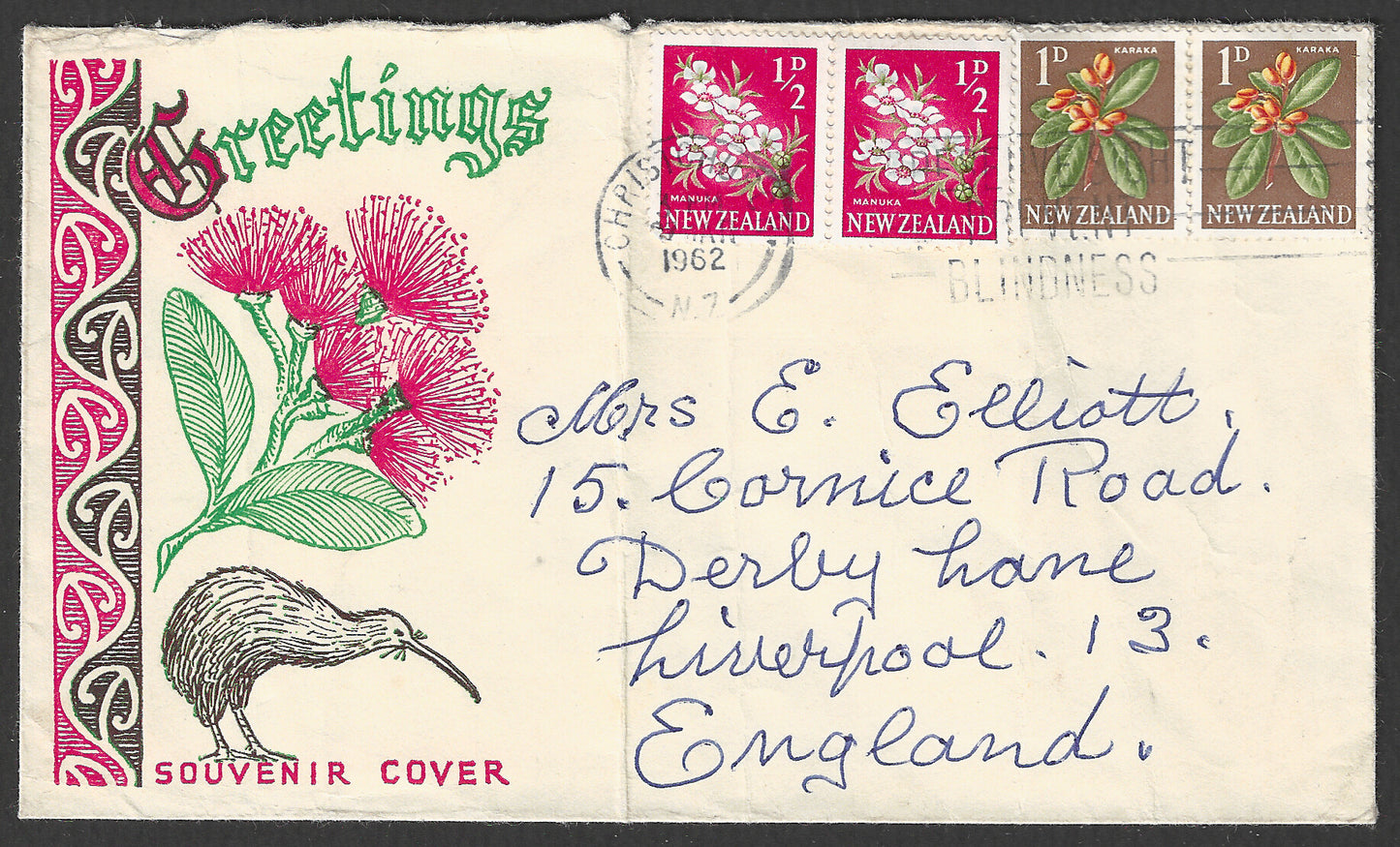 Newzealand stamps Greeting Sovenie Cover ,postally used to England , Flwers Theme, 1962 - GGG00967