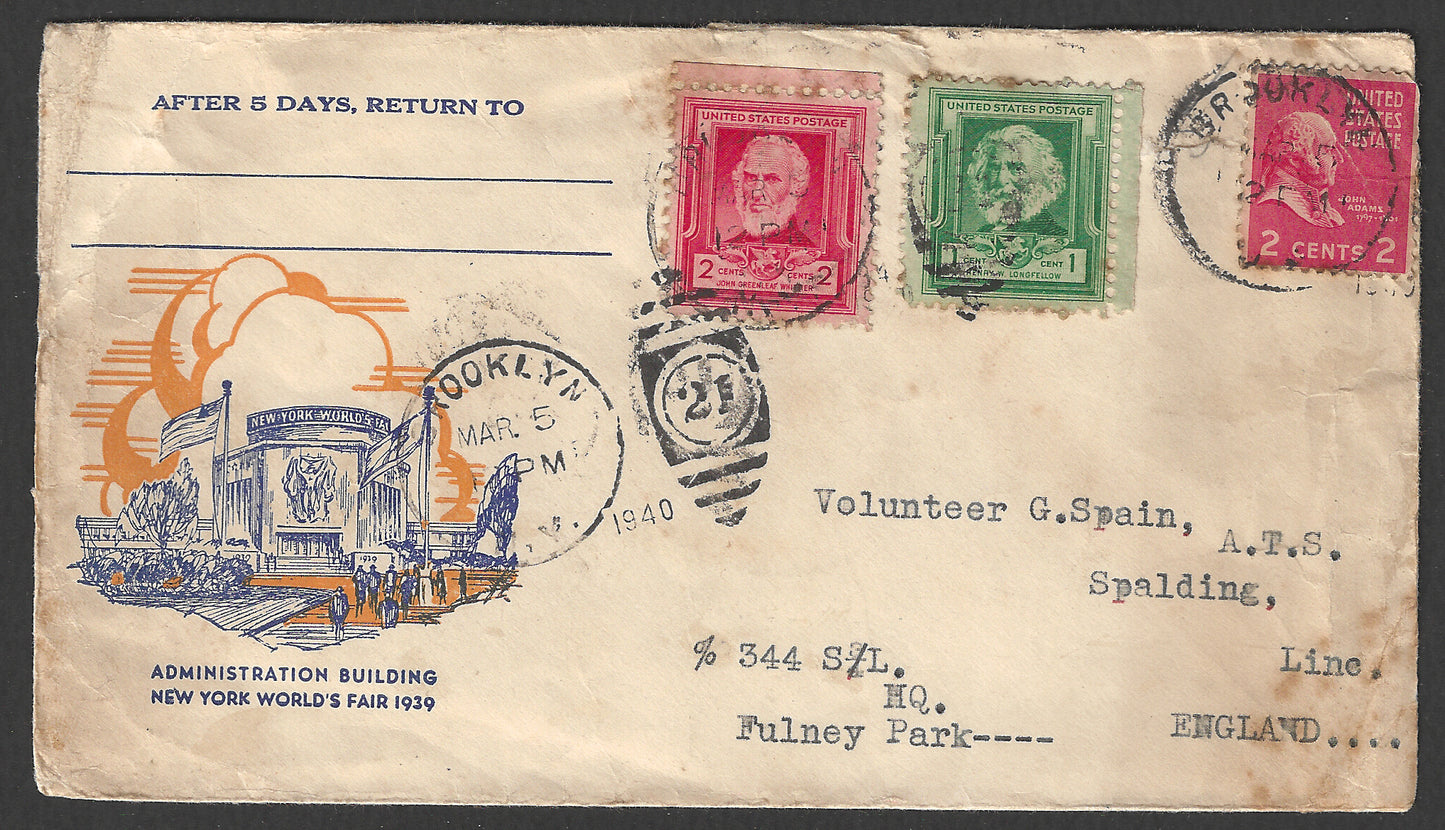 USA to England Postally used Cover with nice cancellation , 1939 - GGG00973