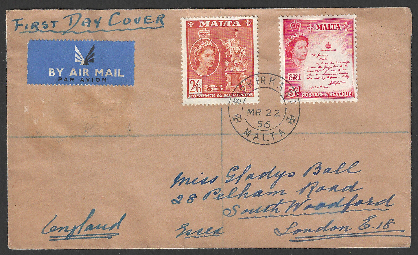Malta to Englad FDC Postally used Cover, 1956, with 2s6P - GGG00977