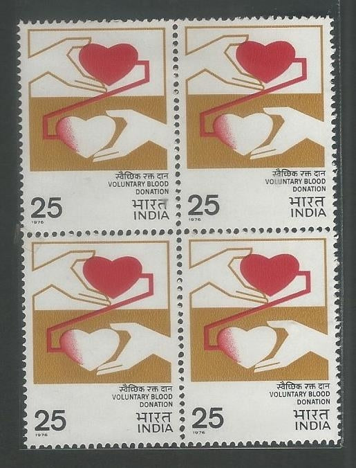 India Stamps – Block of 4 – Voluntary Blood Donation, 1979 - INBLK0211