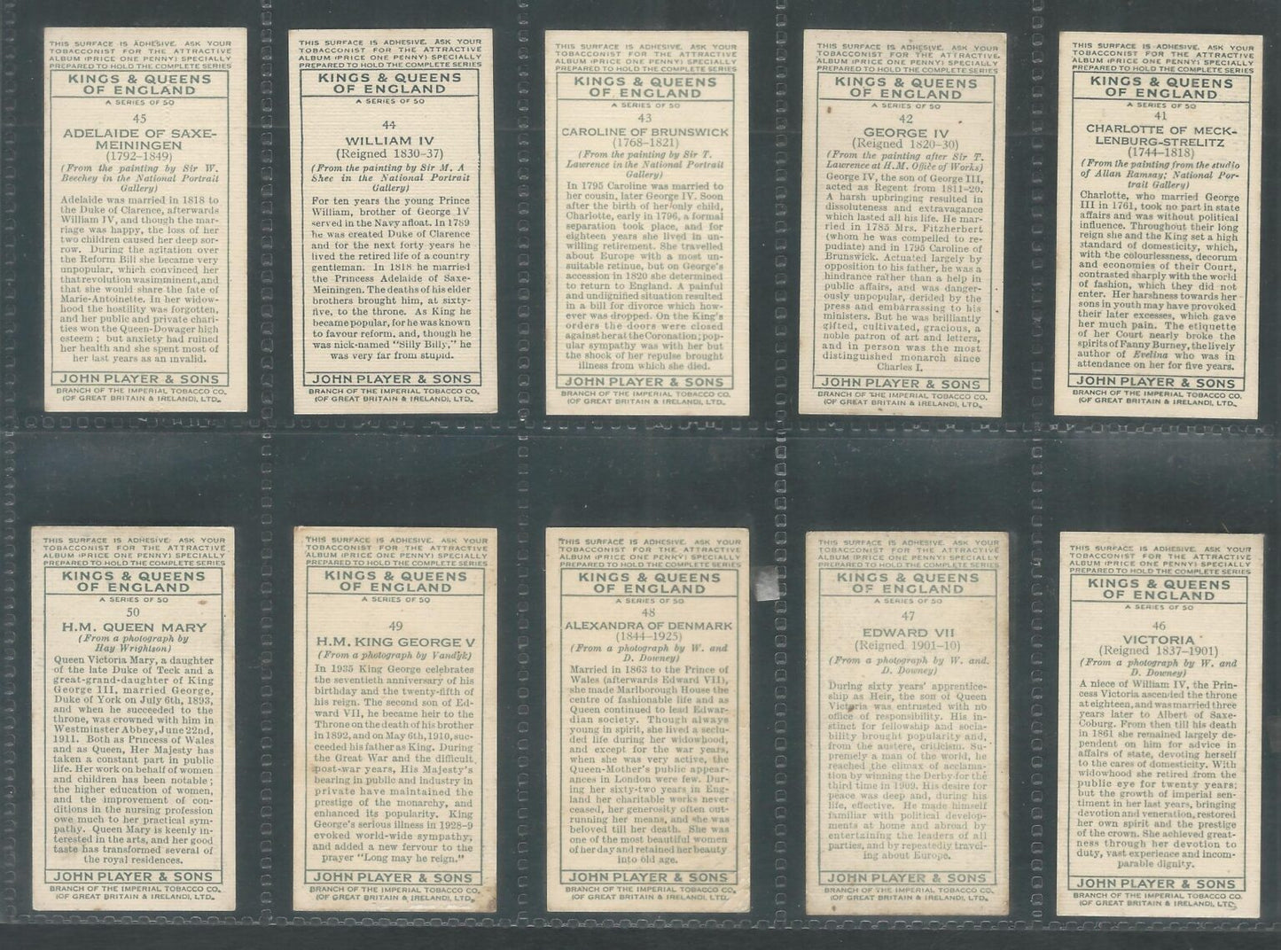 Cinderellas / Labels / Players Cigarettes Cards – Kings and Queens of England Complete set of 50 with Description on backside , RAre