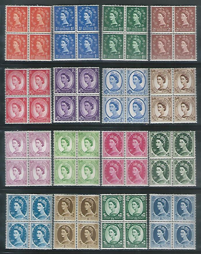 Great Britian stamps – Queen Elizebath II – Wildings 1960 Phosphor Definitve Set – fine MNH Block of 4 . Rare