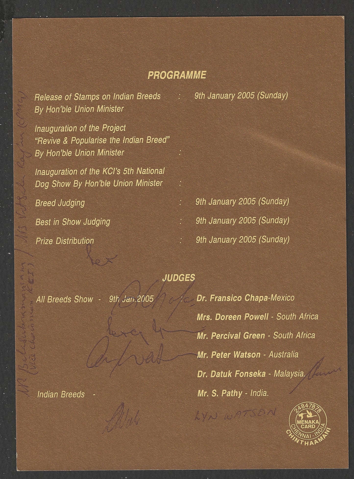 India - Invitation on Breeds of Dogs with 11 Persons Autographed . Extremely Rare, 2005 - DSA0490