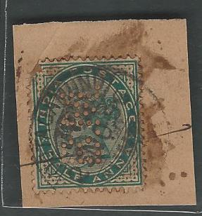British India Queen Victoria stamps  – 1/2 a Perfin on piece, 1890 - BIU0024