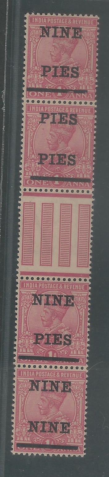 British India - King George V - Two different setting of Varieties , 1921 - One Anna Surcharged 'NINE PIES' in two lines with bar obliterating value with - MMM0002