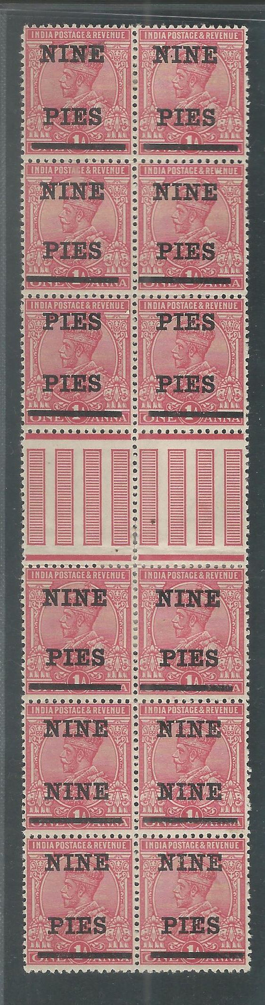 British India - King George V - Two different setting of Varieties , 1921 - One Anna Surcharged 'NINE PIES' in two lines with bar obliterating value with - MMM0003
