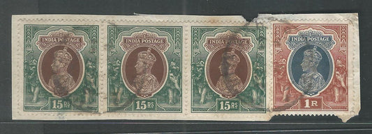 British India King George VI 15 Rs Strip of 3 Postally used on Piece, V Rare to fine , Excellent Condition. - MMM0012