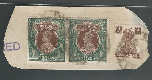 British India King George VI 15 Rs with Pair Postally used on Piece, V Rare - MMM0014