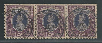 British India King Georve VI 25 Rs strip of 3 Used, V Rare, Postmaster General , Bombay Cancellation, 1945 - MMM0017