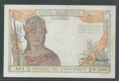 Indochine Bank Note – 5 Cinq Piastres , 1932 – 46 , UNC Mostly . Check the scan ( BNF 0002 )
