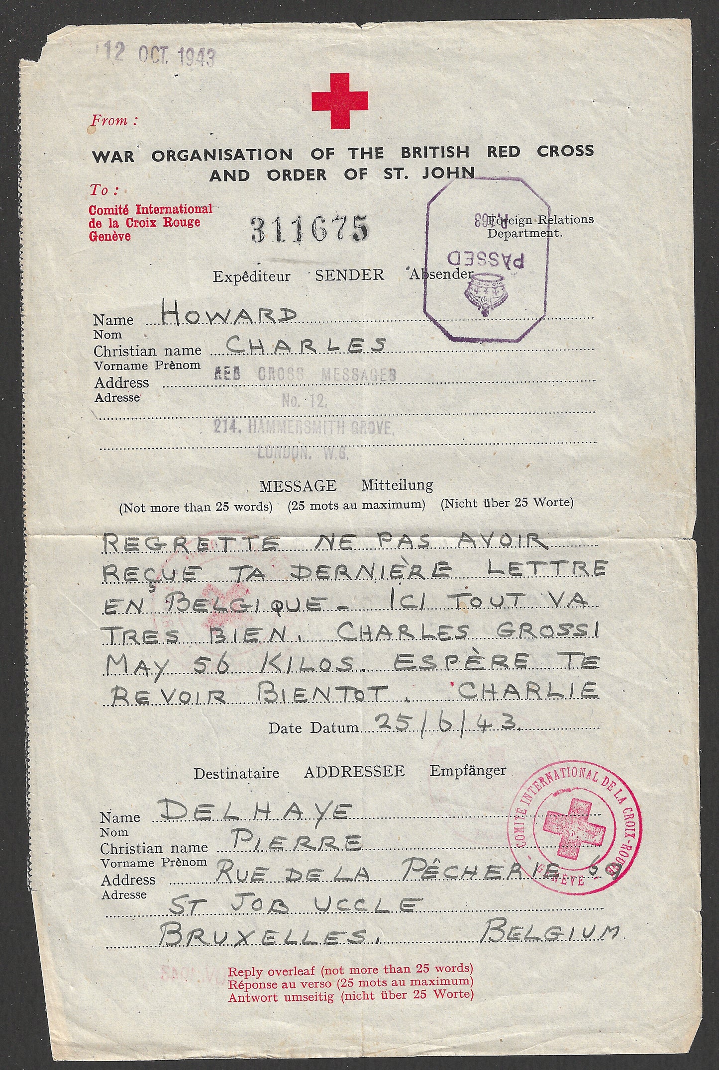 Red Cross Letter London to Beligum Passed by the Censor Chop, Rare , 1943  - CCC2306