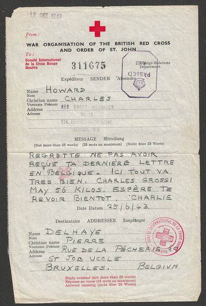 Red Cross Letter London to Beligum Passed by the Censor Chop, Rare , 1943  - CCC2306