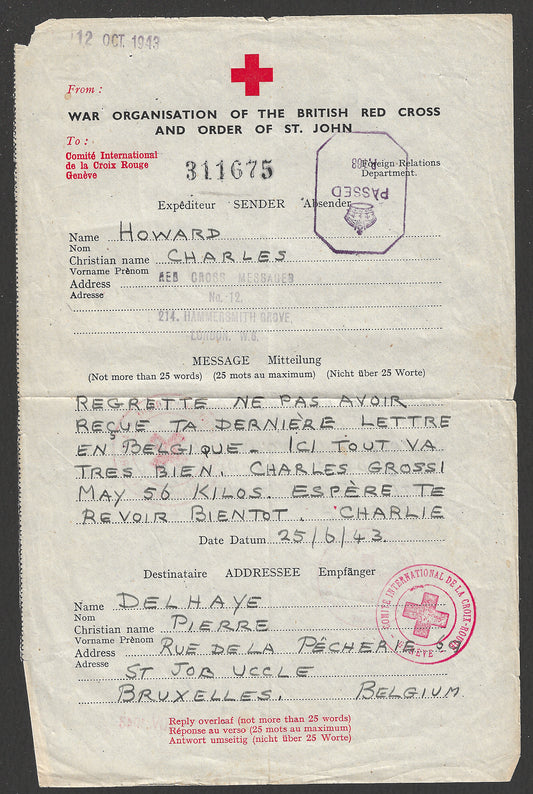 Red Cross Letter London to Beligum Passed by the Censor Chop, Rare , 1943  - CCC2306