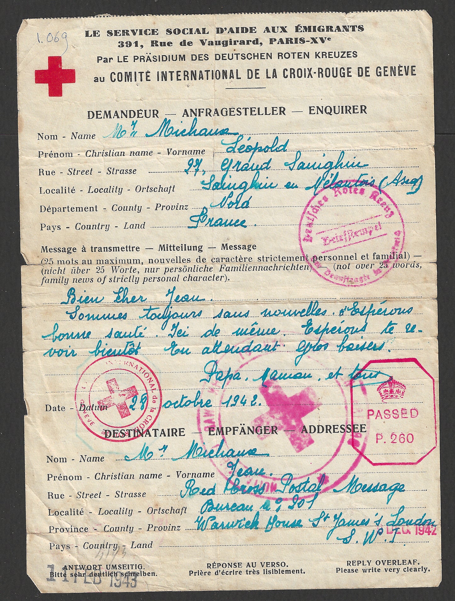 Red Cross Letter France to London Passed by the Censor Chop, Rare , 1943  - CCC2310