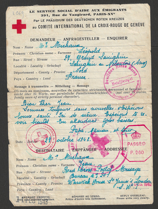 Red Cross Letter France to London Passed by the Censor Chop, Rare , 1943  - CCC2310