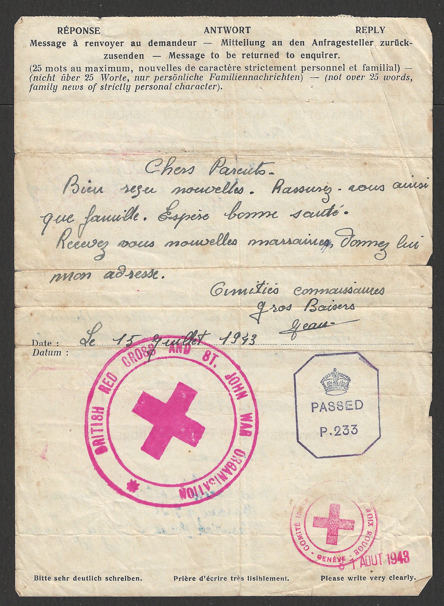 Red Cross Letter France to London Passed by the Censor Chop, Rare , 1943  - CCC2310