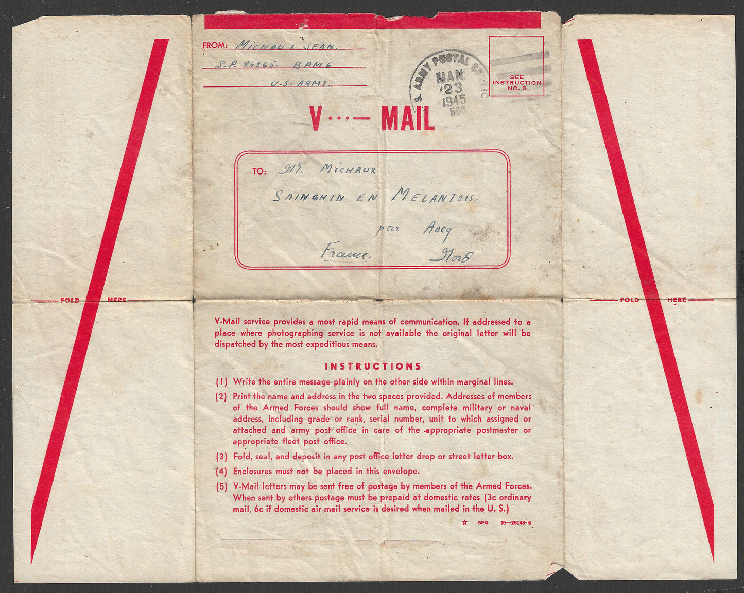 Vmail Inland Letter from US to France , 1945  - CCC2311