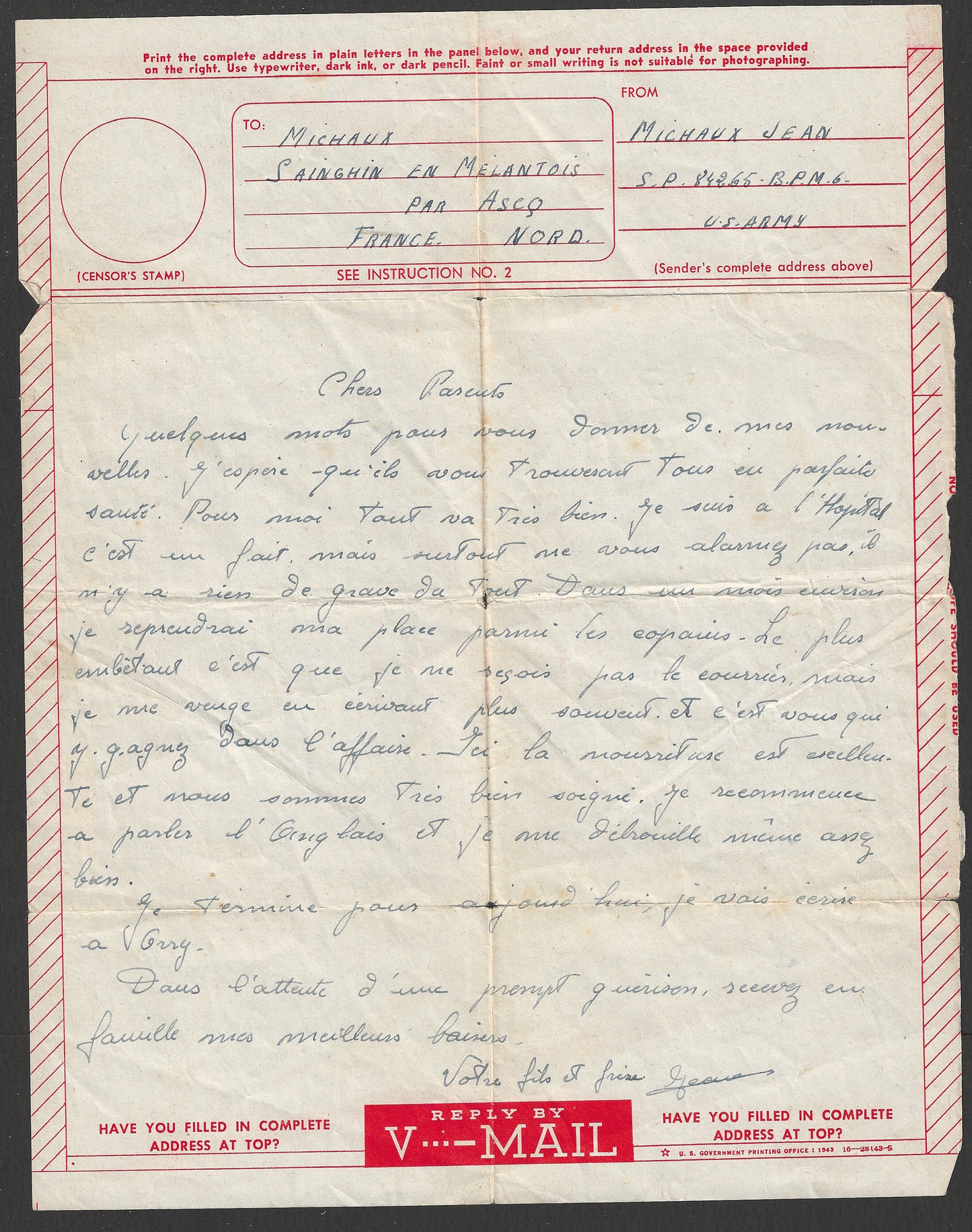 Vmail Inland Letter from US to France , 1945  - CCC2311