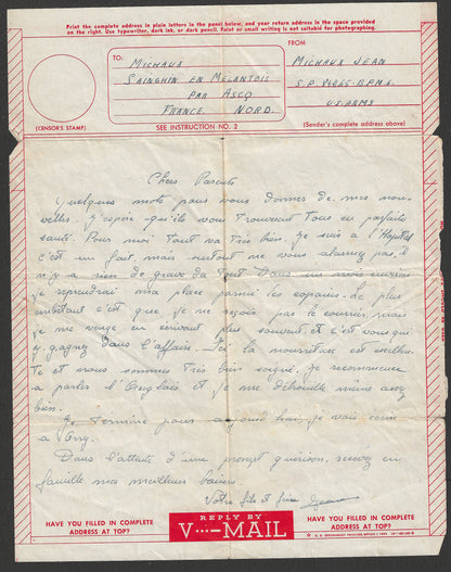 Vmail Inland Letter from US to France , 1945  - CCC2311