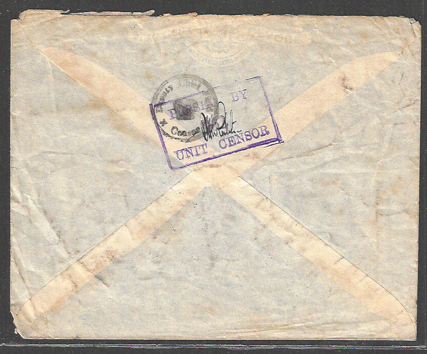 British india airmail rom Coonor to England with Passed by the Unit Censor and Signed by C Base?/ Cancellation, 1941  - CCC2312