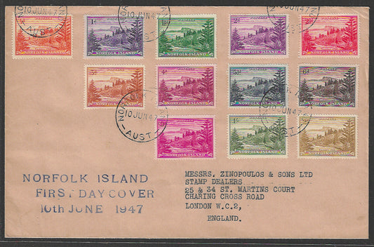 Norfolk Island – First issues Complete of 12 values on FDC Address to England, 1947. Rare  - CCC2318